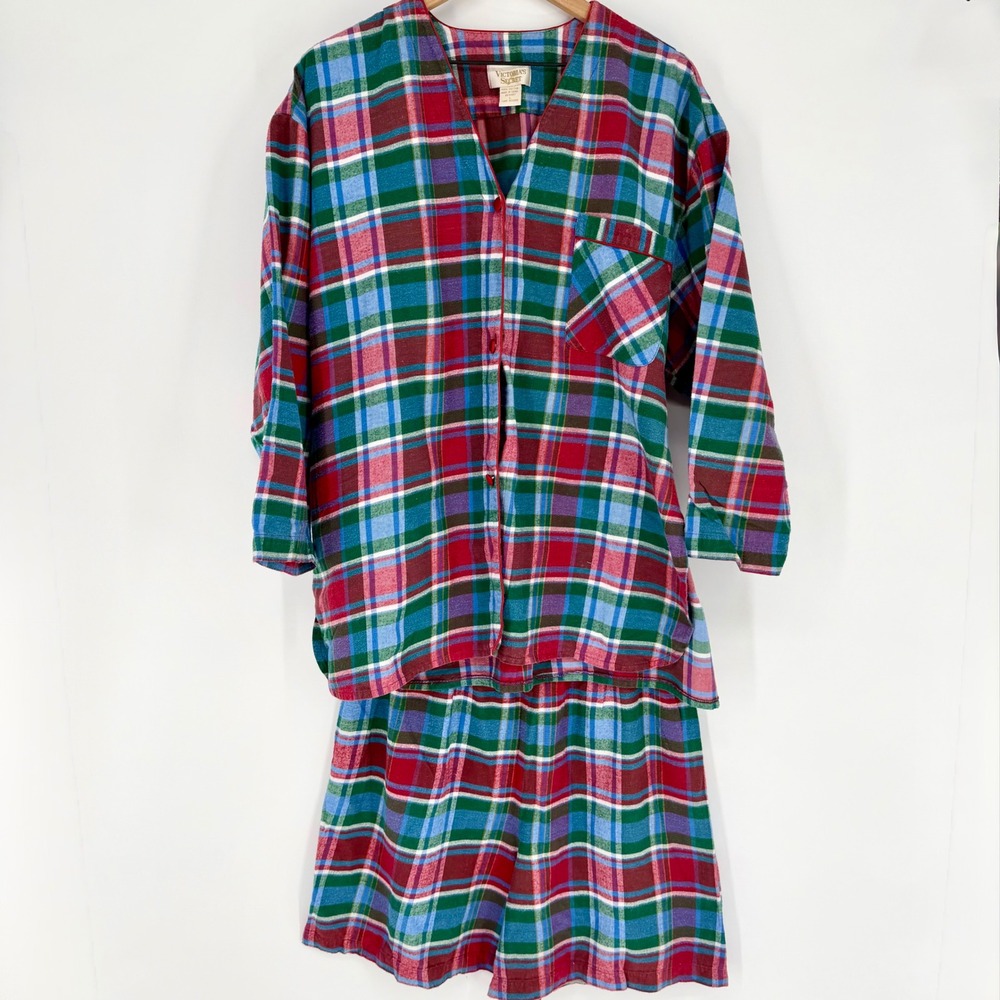 VTG 80s Victoria's Secret Gold Label 2 PC Flannel Pajama Shorts Plaid Boxy Cabin